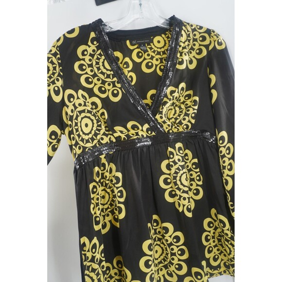 INC International Concepts Black Yellow 100% Silk Sequin V-Neck Blouse Size 8 - Picture 2 of 12